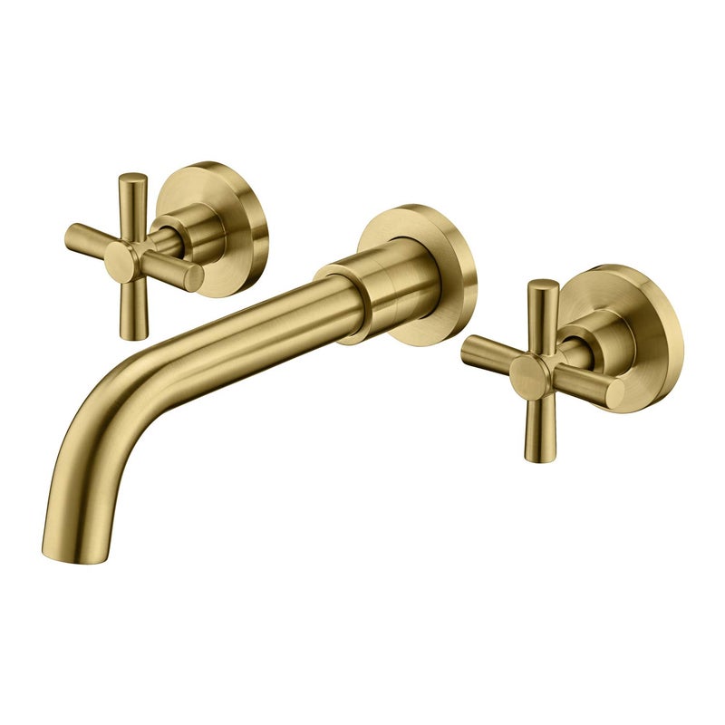 sumerain Brushed Brass Wall Mount Bathroom Faucet Two Cross Handles and Rough-in Valve Included,SUMERAIN - Image 1